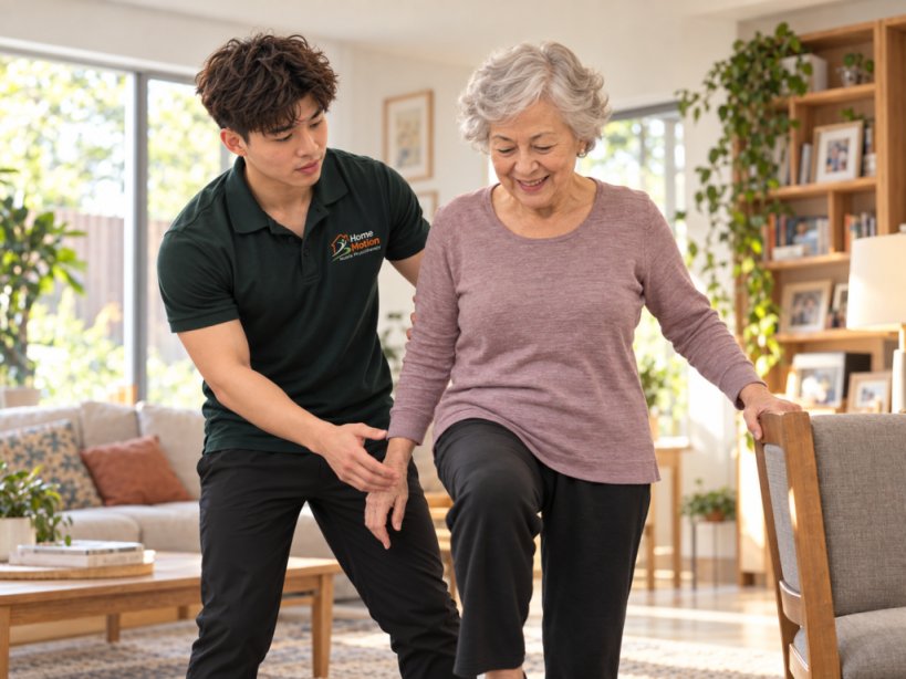 Jackson supporting standing and gait practice during a home physiotherapy visit
